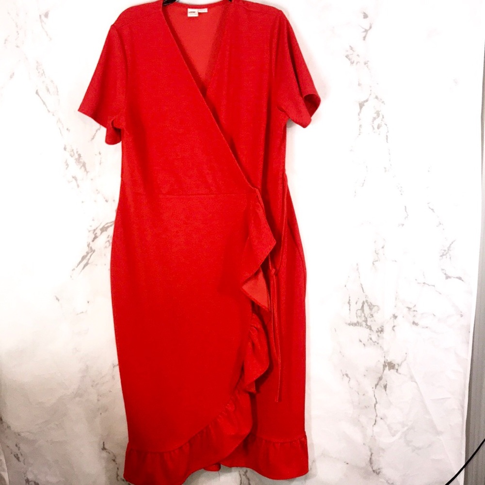 Lost ink red ruffle short sleeve dress